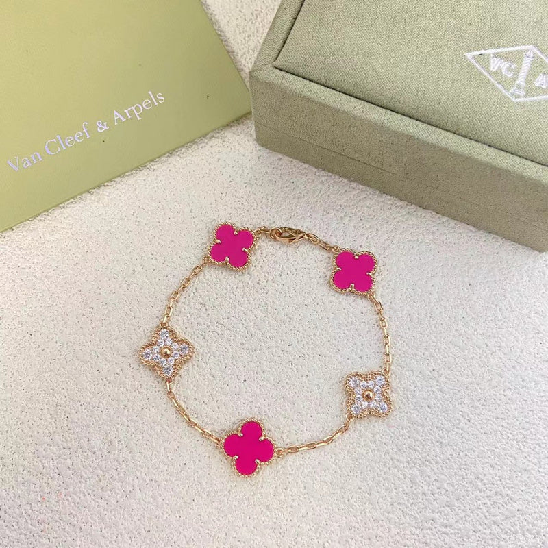 VAB48  New Five Flower Diamond Rose Red Bracelet Jewelry