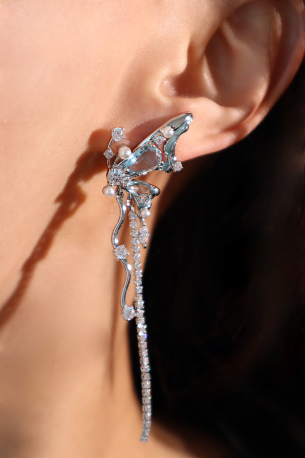Palladium White Gold Plated Blue Gem Butterfly Earrings