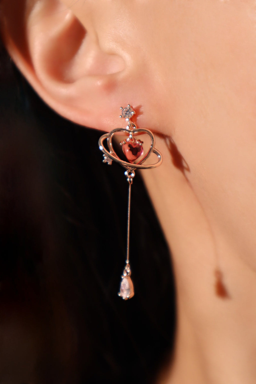 Rose Gold Plated Pink Gem Heart Earrings