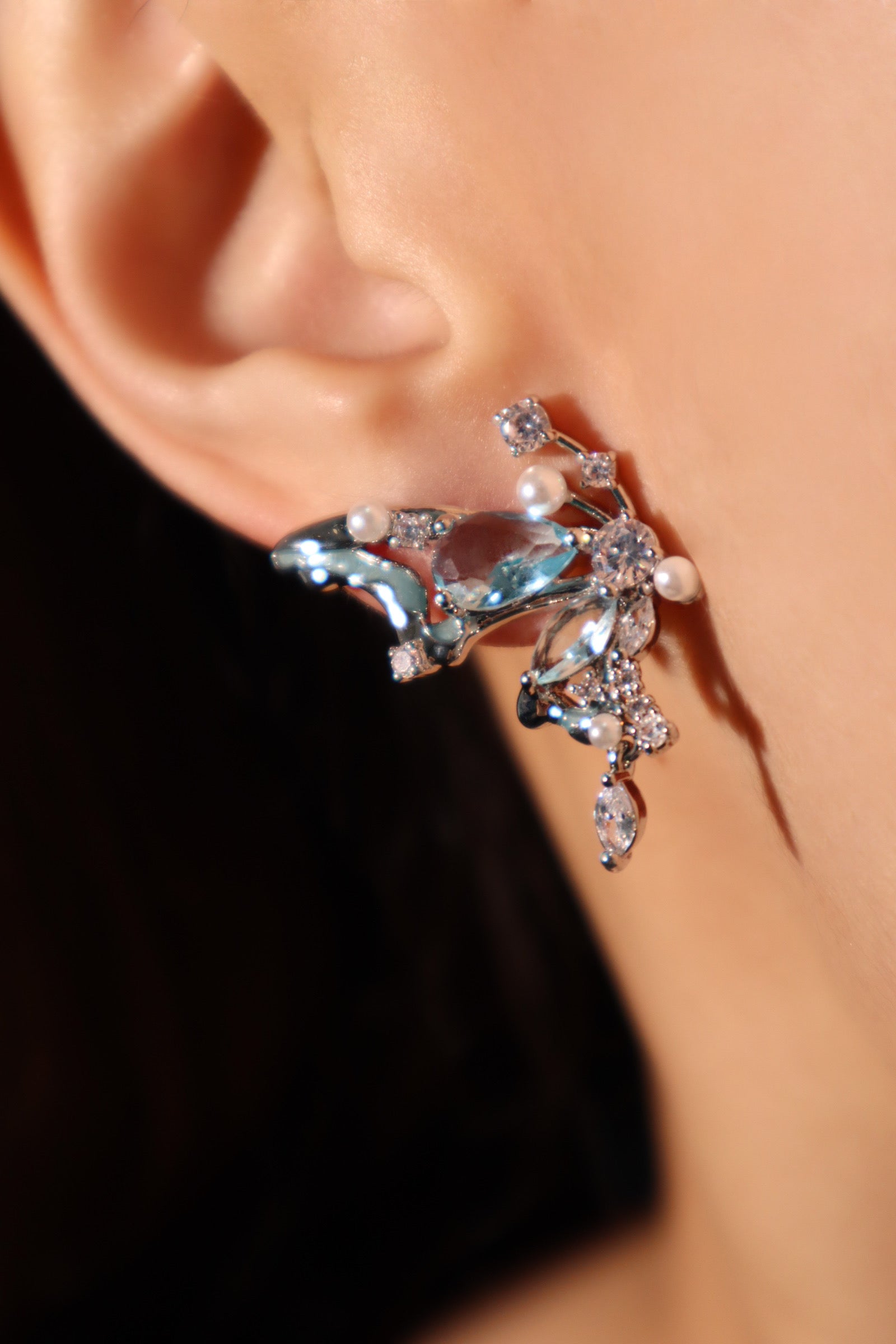 Palladium White Gold Plated Blue Gem Butterfly Earrings