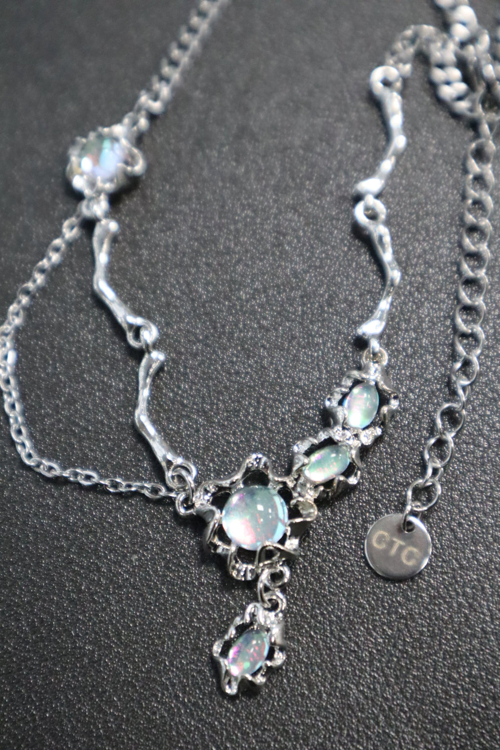 Palladium White Gold Plated Opal Dangle Necklace