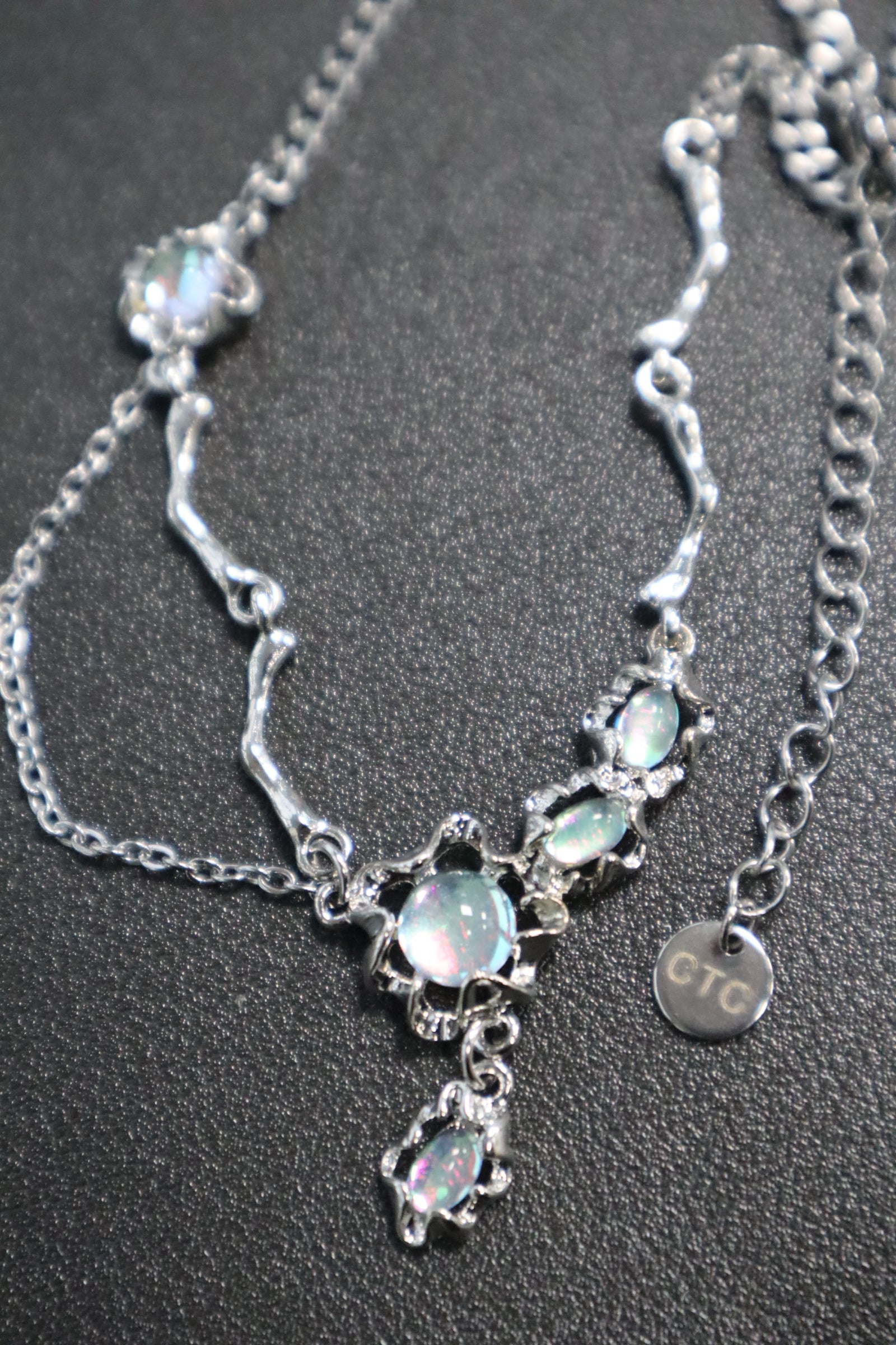 Palladium White Gold Plated Opal Dangle Necklace
