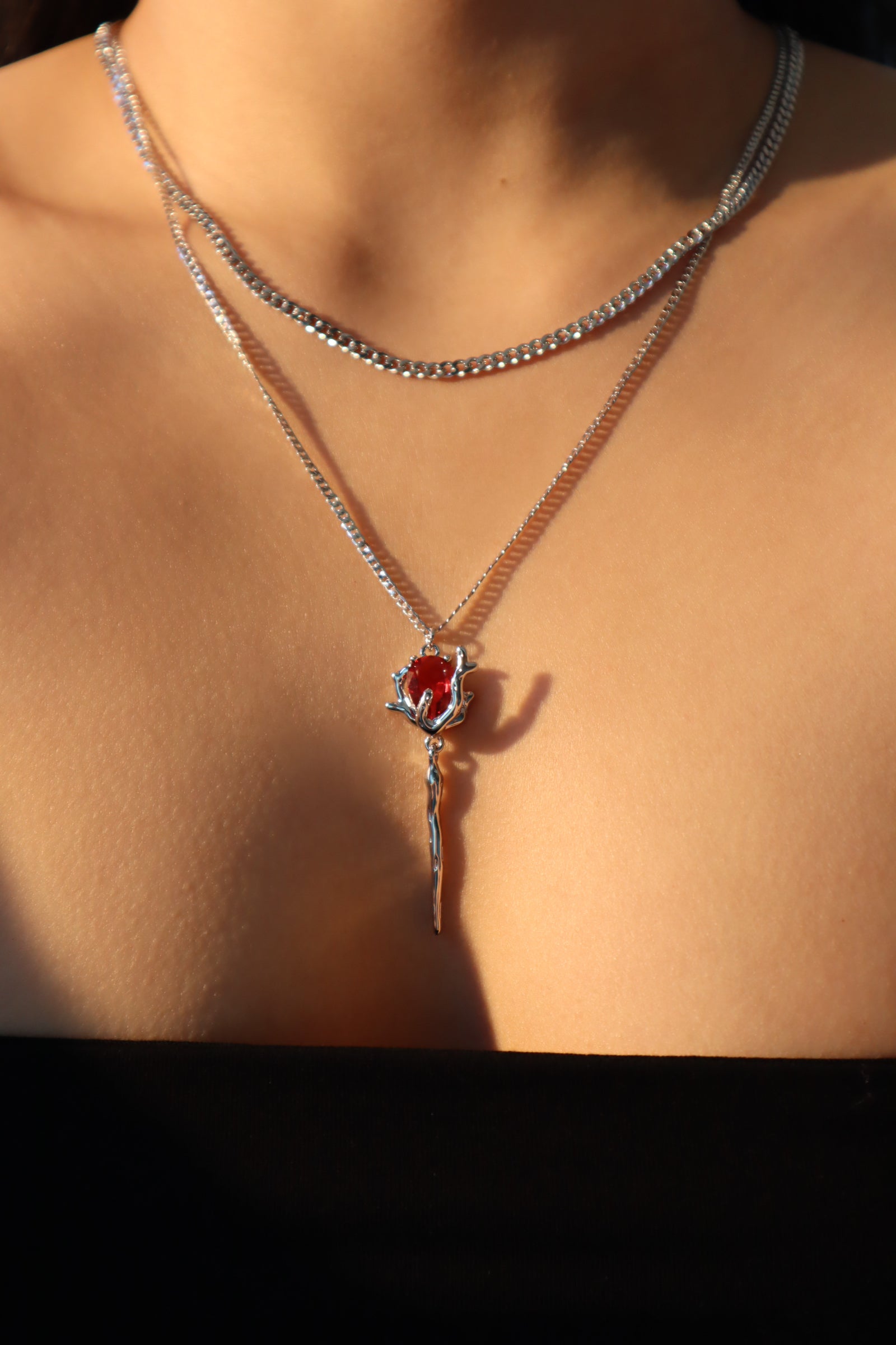 Palladium White Gold Plated Red Rose Layer Necklace
