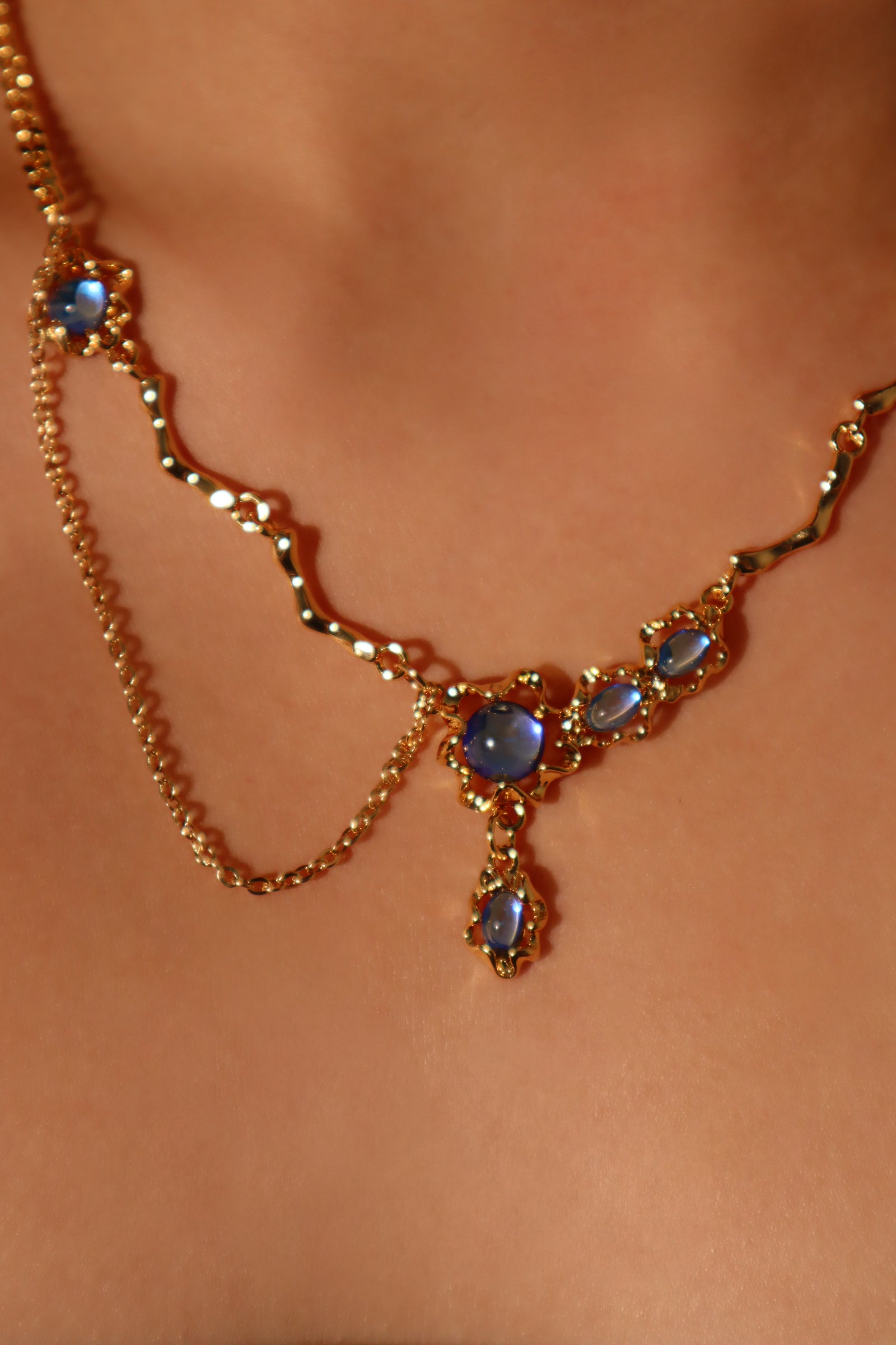 18K Real Gold Plated Deep Blue Moonstone Dangle Necklace