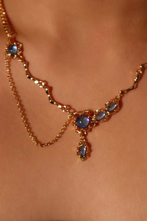 18K Real Gold Plated Deep Blue Moonstone Dangle Necklace