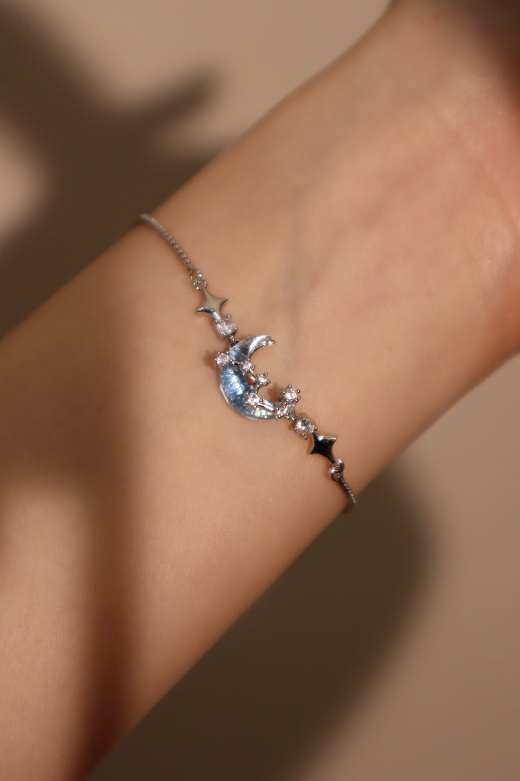 Palladium White Gold Plated Moonstone Moon Star Bracelet