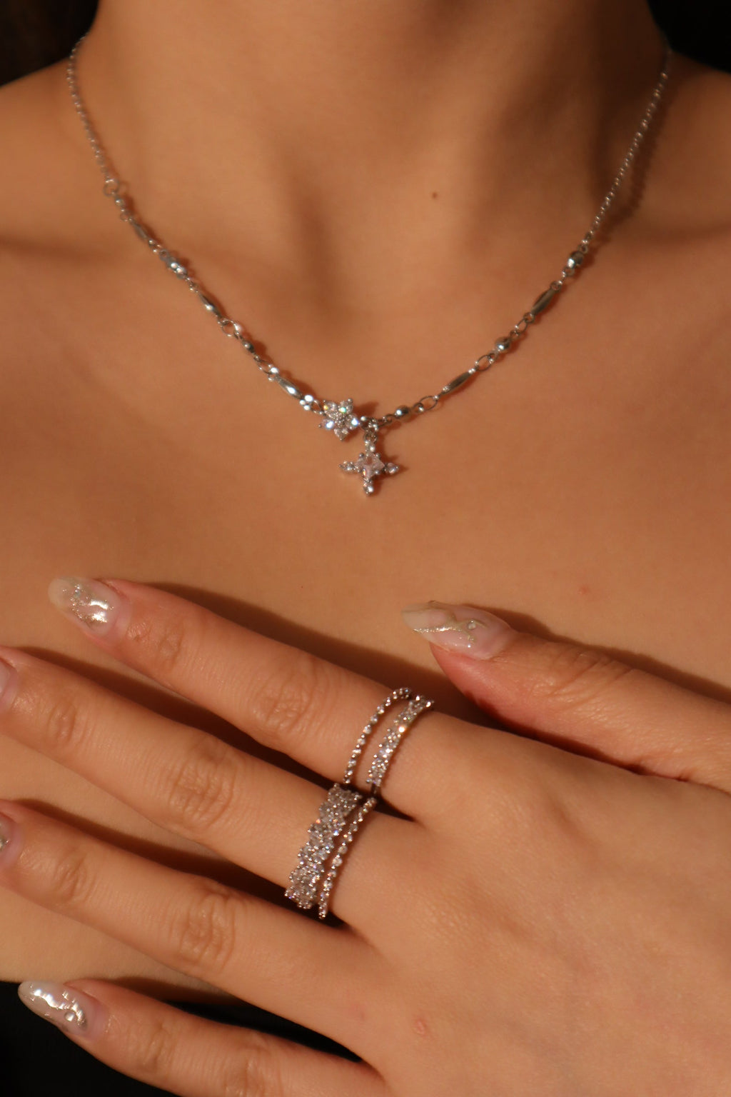 Palladium White Gold Plated Diamond Starlight Cross Necklace